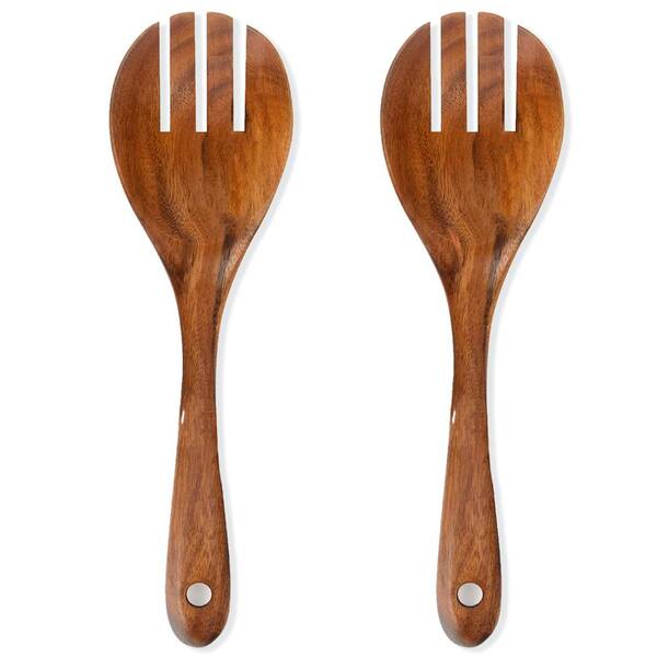 Set of 2 Teak Wood Salad Serving Spork 10.2-Inch Natural Wooden Salad Servers Heat-Resistant Kitchen