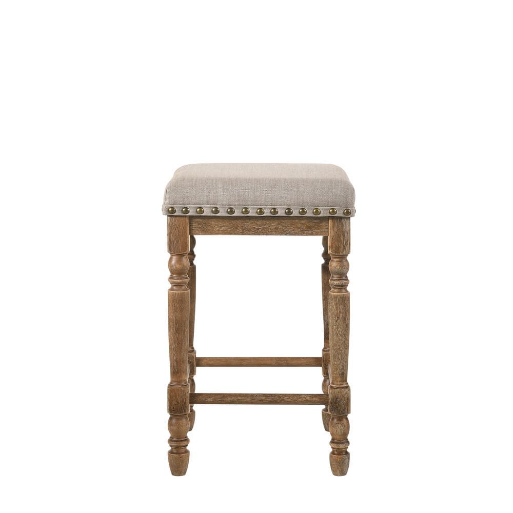 Weathered Oak Backless Counter Height Stool with Beige Upholstered Seat