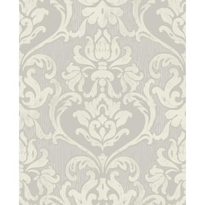 Damask Antique Cream and Gray Paper Non-Pasted Strippable Wallpaper Roll (Cover 56.00 sq. ft.)