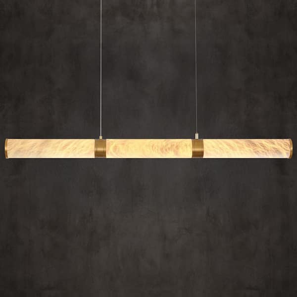 47 in. 3-Light Brass Integrated LED Cylinder Alabaster Chandelier, Linear Chandelier for Kitchen Island, Dining Room