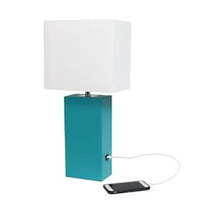 21 in. Teal Lexington Leather Base Table Lamp with White Fabric Shade with USB Charging Port