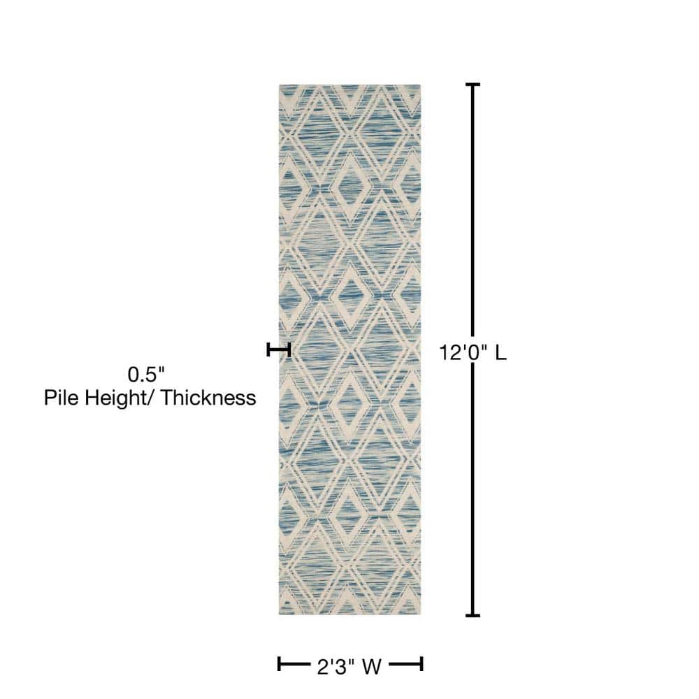 Ivory and Dark Blue Handmade Wool Geometric Rug, 2' 3" x 12'