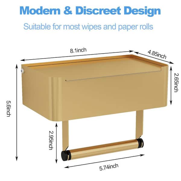 Stainless Steel Wall Mounted Toilet Paper Holder in Gold with Shelf for Bathroom Wipe Storage