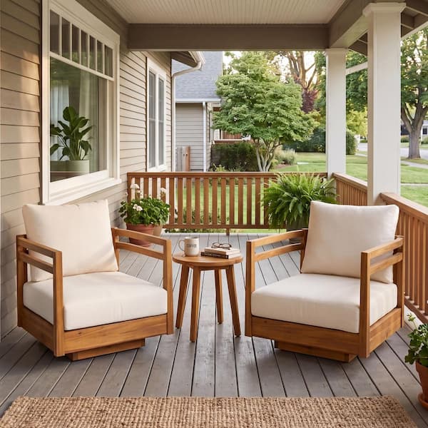 Asher Teak Finish Wood Swivel Patio Outdoor Lounge Chairs with Beige Cushions Set of 2