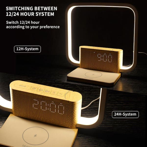 White Digital Sunrise Alarm Clock with Wireless Charging Desk