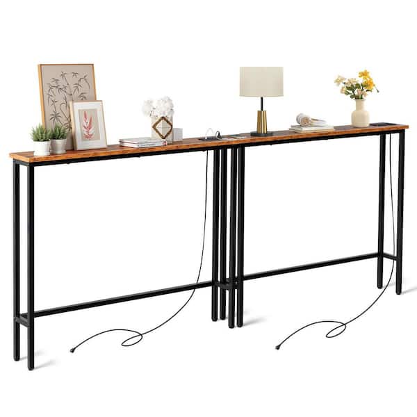 78. 74in Rust Brown Rectangle MDF Console Table Set of 2 with Power Strip