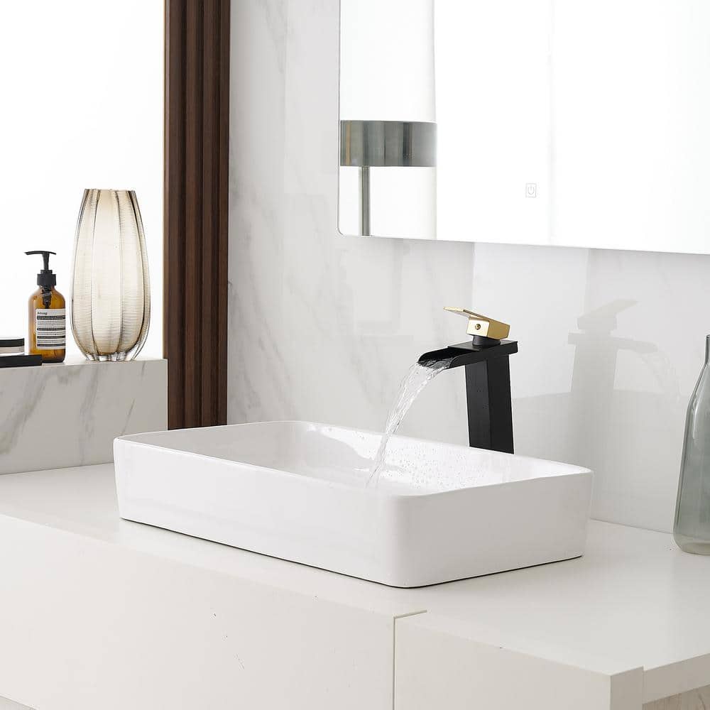 Matte Black and Gold Single Handle Waterfall Vessel Faucet