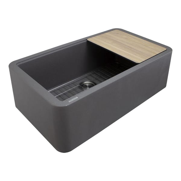 SilQgranite Grey Granite Composite 33 in. Single Bowl Farmhouse Apron Kitchen Sink with Accessories