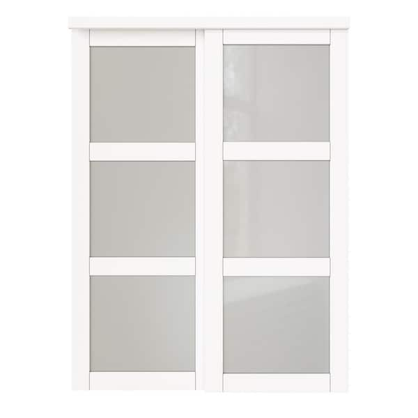 72 in. x 80 in. 3 Lite White Tempered Frosted Glass Closet Sliding Door with Hardware