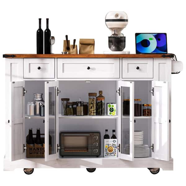 H2O 53 in. White Farmhouse Kitchen Cart Island with Drop Leaf, Power Outlet,Glass Cabinet Doors,5 Side Racks and Drawers