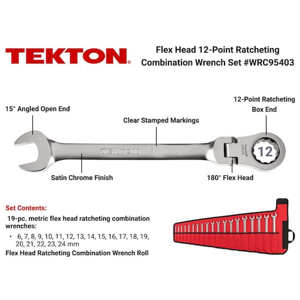 19-Piece (6-24 mm) Flex Head 12-Point Ratcheting Combination Wrench Set with Pouch