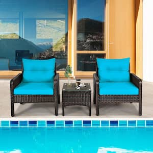 3-Piece Outdoor Wicker Rattan Patio Conversation Set with Turquoise Cushion