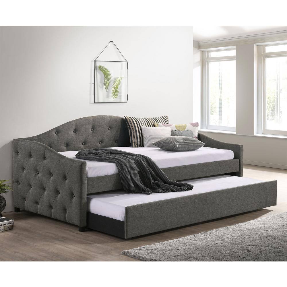 Gray Upholstered Twin Daybed with Tufted Back and Drawer
