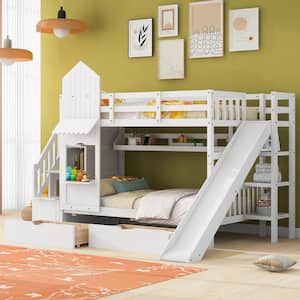 White Twin over Twin Castle Style Wood Bunk Bed with Storage Staircases, 2 Drawers, Shelves and Slide