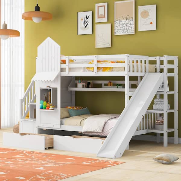 Harper & Bright Designs White Twin over Twin Castle Style Wood Bunk Bed with Storage Staircases, 2 Drawers, Shelves and Slide