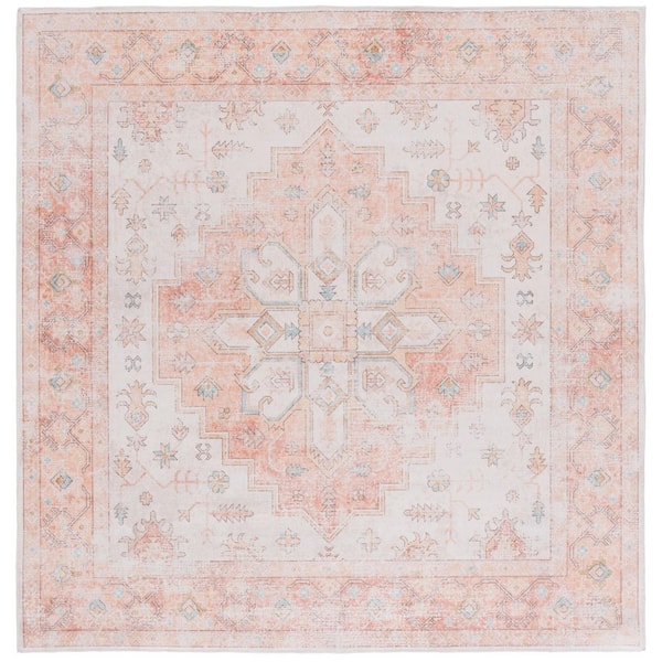 Arizona 6 ft. x 6 ft. Rust/Beige Machine Washable Distressed Floral Medallion square Area Rug