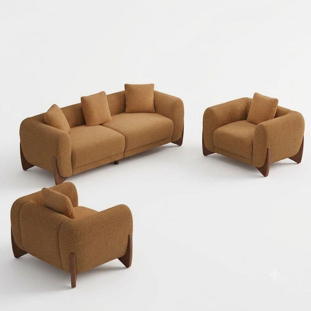 Elegant Modern 3-Piece Caramel Sherpa Fleece Fabric Sofa and Armchair with Pillow, Solid Rubberwood Legs