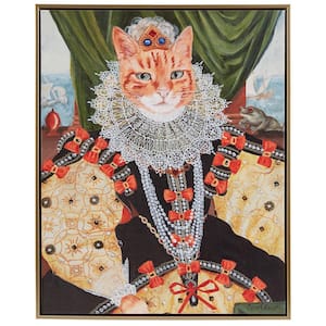 Renaissance Style Royal Cat Kitty Queen Belle Portrait Wood Framed Canvas Wall Art Decor 17 x 21 in. Multicolor