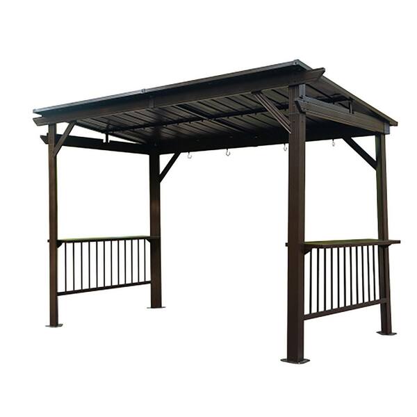 6.5 ft. x 12 ft. Brown Galvanized Steel Hardtop Outdoor Grill Gazebo with Side Shelves and Ceiling Hooks