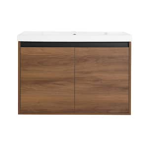 29.53 in. W x 18.11 in. D x 20.47 in. H Wall-Mounted Bath Vanity in Brown with White Resin Vanity Top