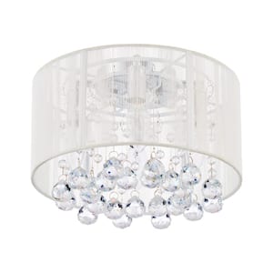 12 in. 4-Light Chrome Modern Flush Mount Chandelier with Crystal Beads and String Net Drum Shade