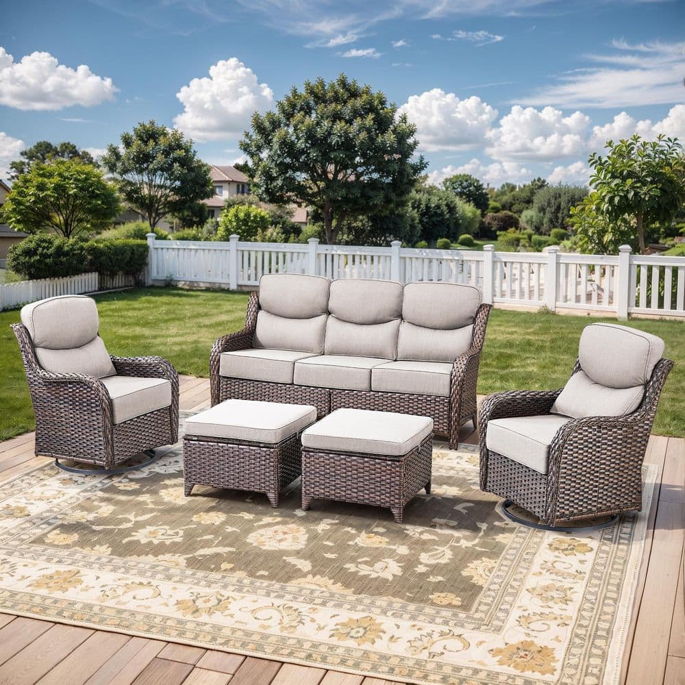 MoonLuxe Brown Swivel Glider Wicker Patio Conversation Set with Beige Olefin 6 in. Thick Cushions/Couch (5-Piece) price history on PriceWatchPro