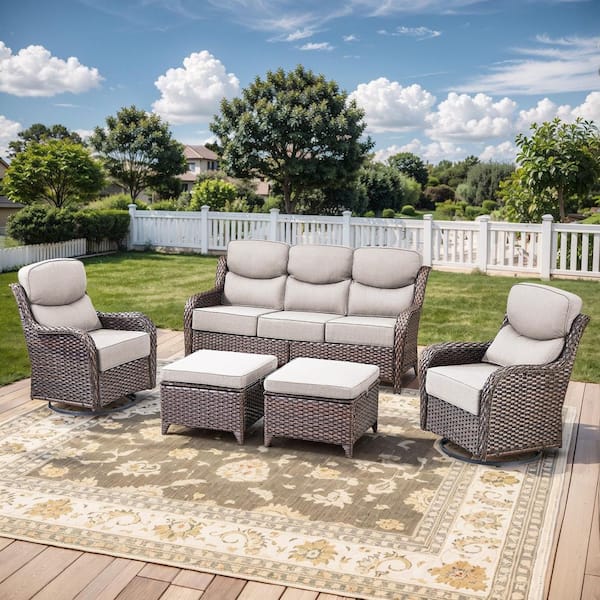 Crescent Brown Swivel Glider Wicker Patio Conversation Set with Beige Olefin 6 in. Thick Cushions/Couch (5-Piece)