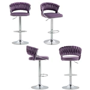 43.15 in. Purple Low Back Silver Metal Frame Adjustable Swivel Bar Stool with Velvet Seat (Set of 4)