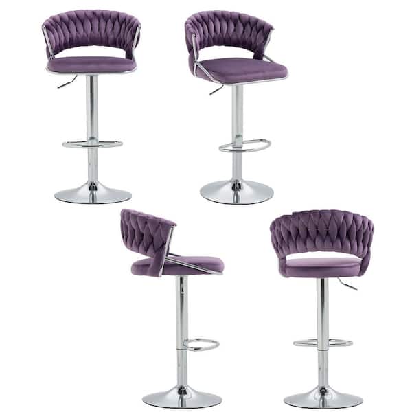 Uixe 43.15 in. Purple Low Back Silver Metal Frame Adjustable Swivel Bar Stool with Velvet Seat (Set of 4)