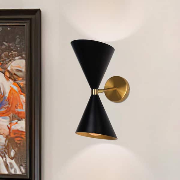 Eliot 2-Light 14.6 in.H Black Up Down Conical Wall Sconce with Brass Accents for Bedroom and Living Room