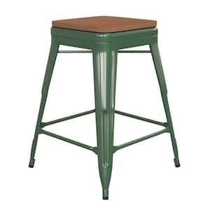 25 in. Green/Teak Metal Outdoor Bar Stool