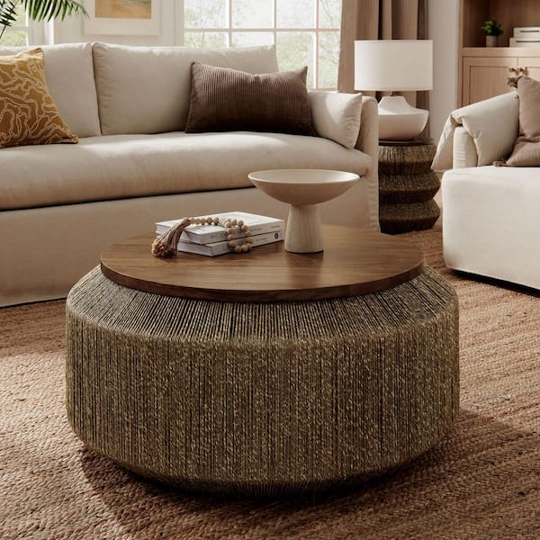 Maris 37 in. Walnut Natural Round Hand-Woven Seagrass and Wood Coffee Table