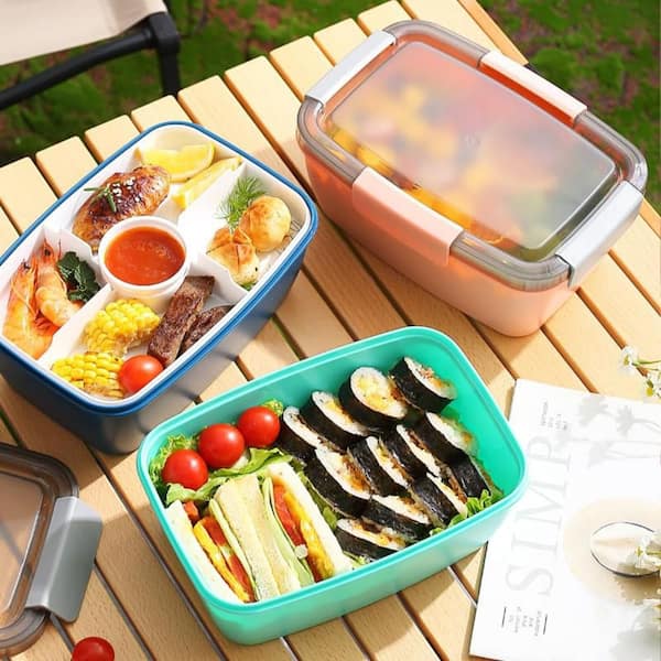 68 oz. Lunch Container with 4 Compartment Tray, Spoon and Dressing Cup for Lunch, Snacks, Fruits, Multicolor (Pack of 3)