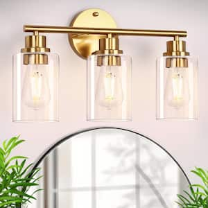 15.7 in. 3-Light Gold Cylinder Modern Bathroom Vanity Light Clear Glass Shade, Wall Lamp for Mirror Kitchen Bedroom