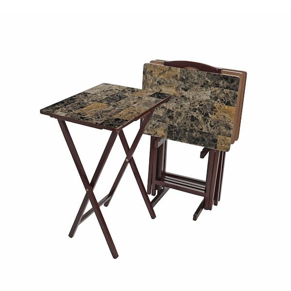 PEARINGTON 19 in. W x 14.5 in. D Brown with Faux Marble Wood Folding Table (Set of 4 Tables and 1-Stand)
