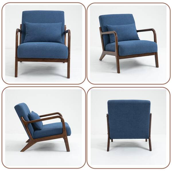 Yofe Comfy Mid-Century Modern Blue Velvet Upholstered Living Room Accent Chair, Wood Frame Arm Chair with Waist Cushion