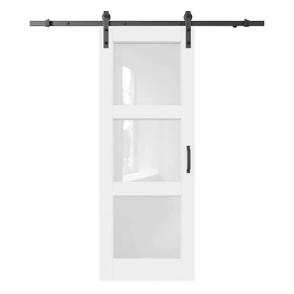 18 in. x 80 in. 3-Lite Frosted Glass White Primed MDF Composite Sliding Barn Door with Hardware Kit and Soft Close