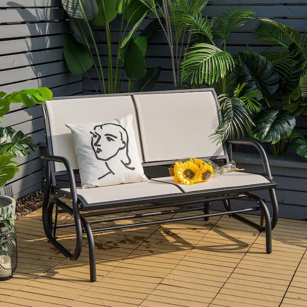 ANGELES HOME 48 in. 2-Person Metal Patio Lounge Chair Swing Glider Bench Chair Loveseat Rocker Backyard, Beige