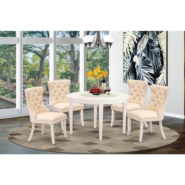 East West Furniture 5-Piece Linen White Solid Wood Top - Round Upholstered Dining Room Set - Seats-4