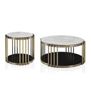 Hexalla 38 in. Antique Brass Plating and Glossy White Round Faux Marble 2-Piece Coffee Table Set