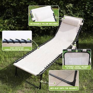 VEIKOUS Outdoor Folding Chaise Lounge Chair Fully Flat for Beach with Pillow and Side Pocket, Beige PG0208-01CW-7