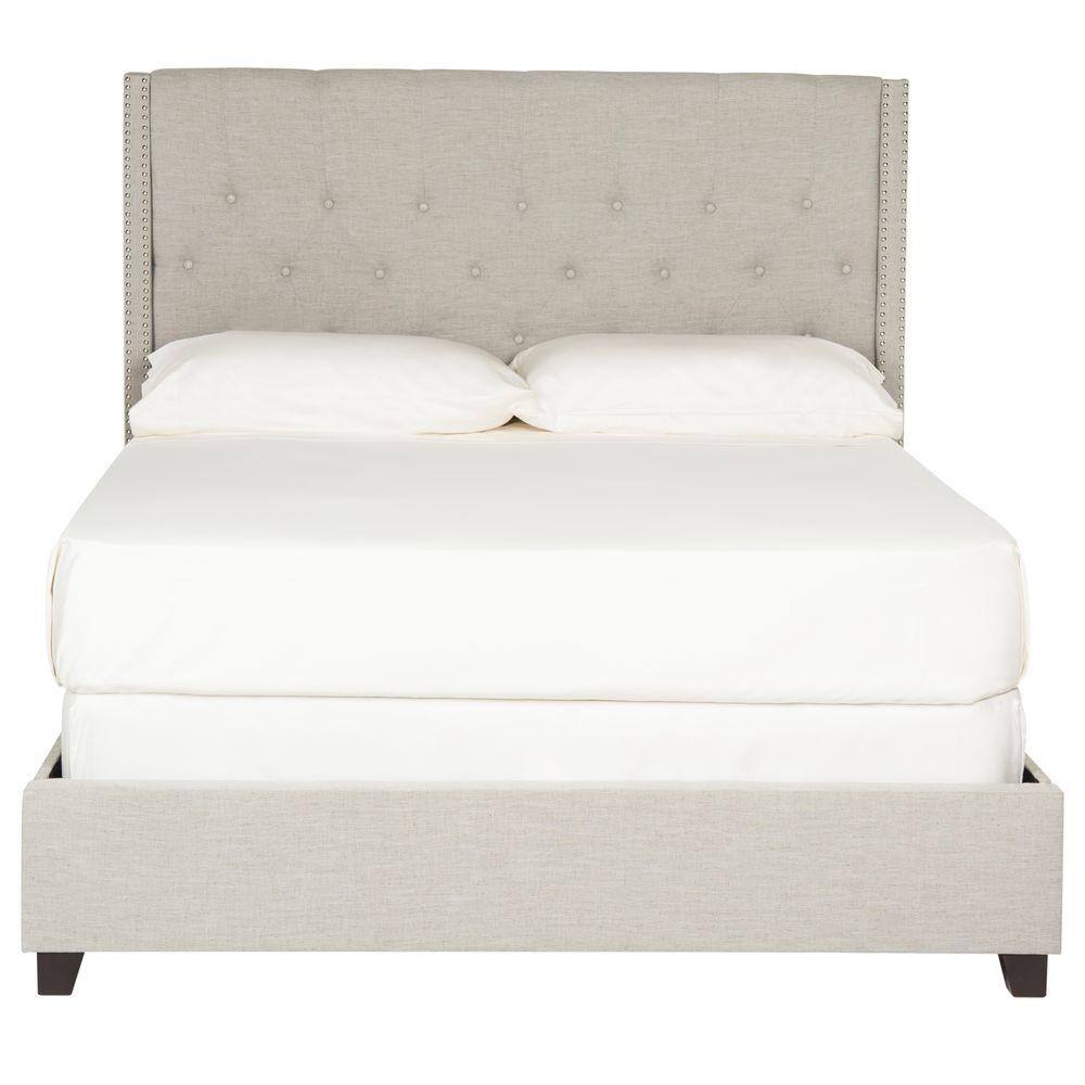 Transitional Beige Linen Full-Size Platform Bed with Nailhead Trim