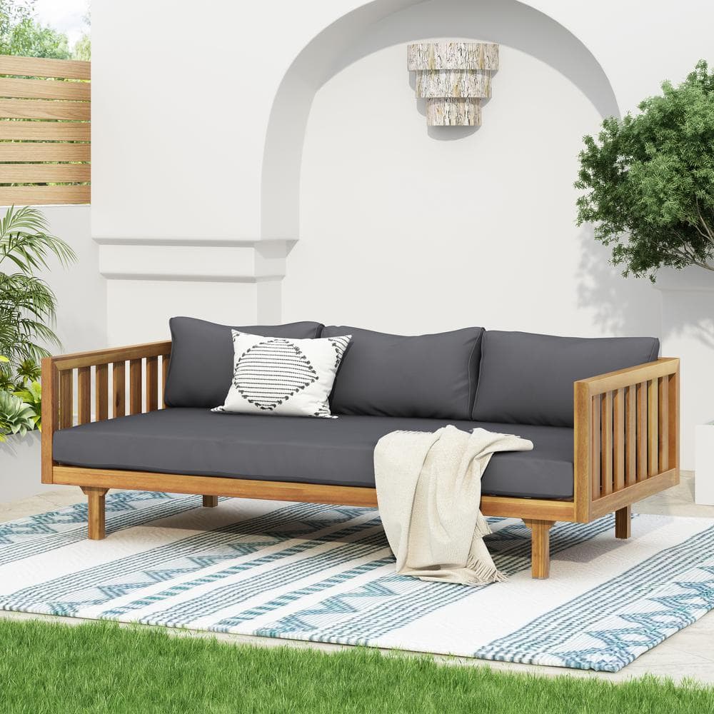 Teak Wood 3-Seater Outdoor Day Bed with Arms and Dark Gray Cushion