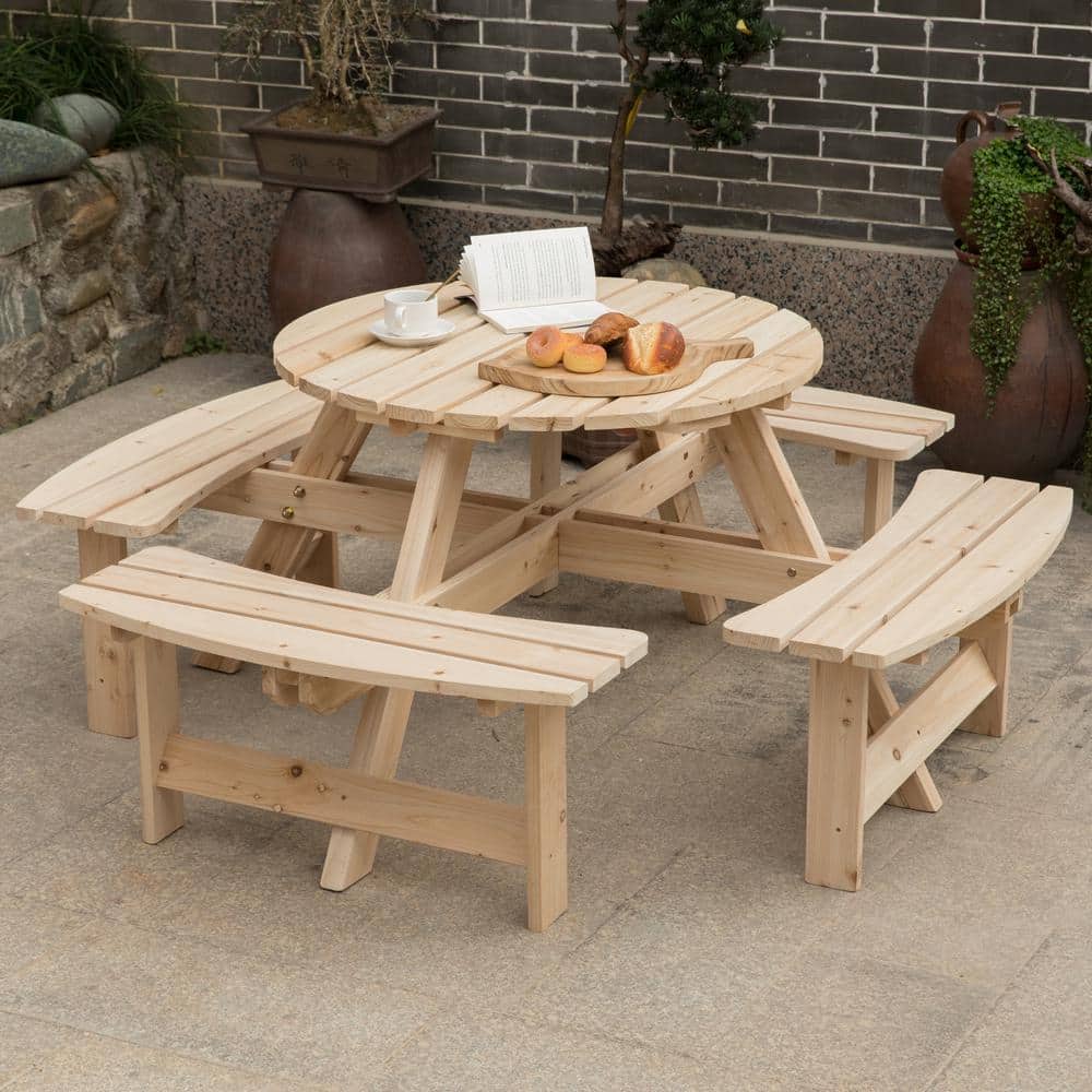 Natural Solid Wood Round Outdoor Picnic Table with Umbrella Hole, Seats 8