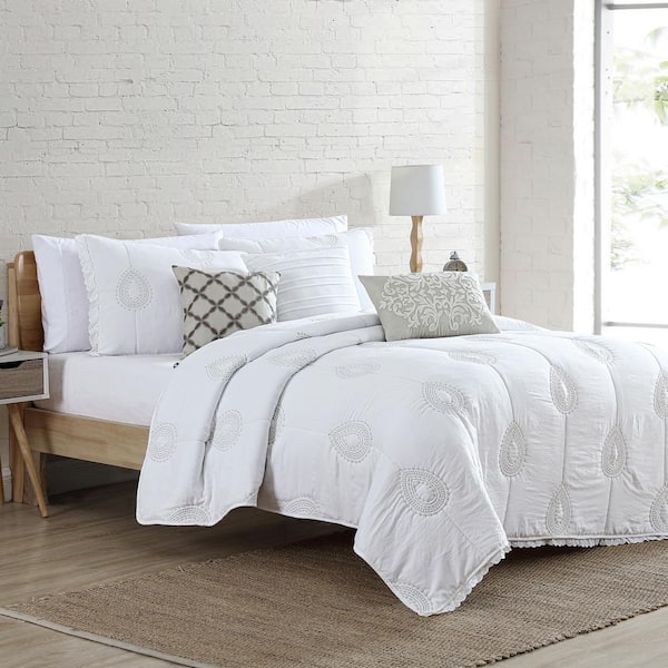 Unbranded 6-Piece Phoebe Off-White King Washed Embroidered Quilt Set