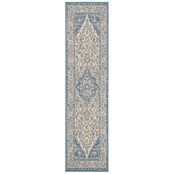 Linden Cream/Blue 2 ft. x 12 ft. Border Antique Medallion Indoor/Outdoor Runner Rug
