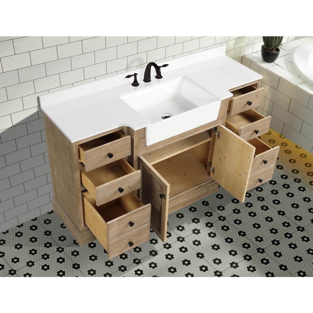 Kelly 60" Weathered Fir Bathroom Vanity with White Stone Countertop