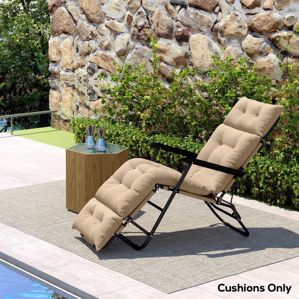 Beige Tufted Outdoor Chaise Lounge Cushion with Ties