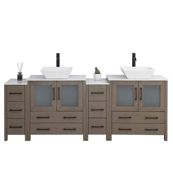 Vanity Art 84 in. W Double Basin Driftwood Gray Bath Vanity with White Engineered Marble Top and Mirror