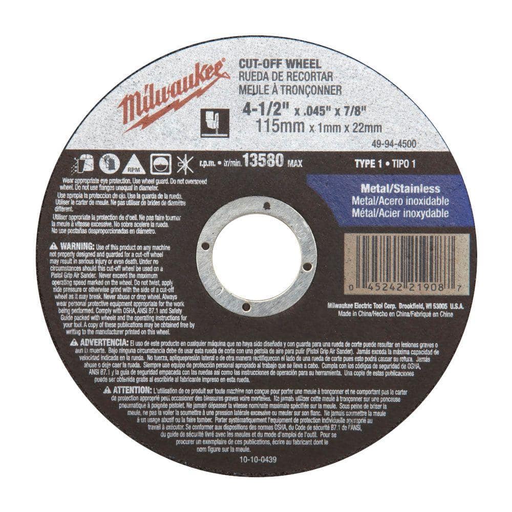 Milwaukee 4-1/2 in. x 0.045 in. x 7/8 in. Cut-Off Wheel (Type 27)  49-94-4505 - The Home Depot